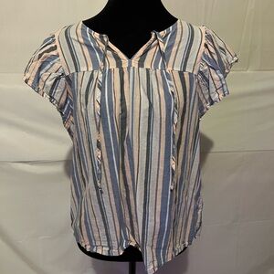 Lucky Brand Blue and White Ruffled Cap Sleeve Blouse